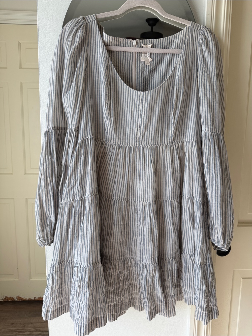 cinq a sept Blue and White Striped Long Sleeve Tiered Dress